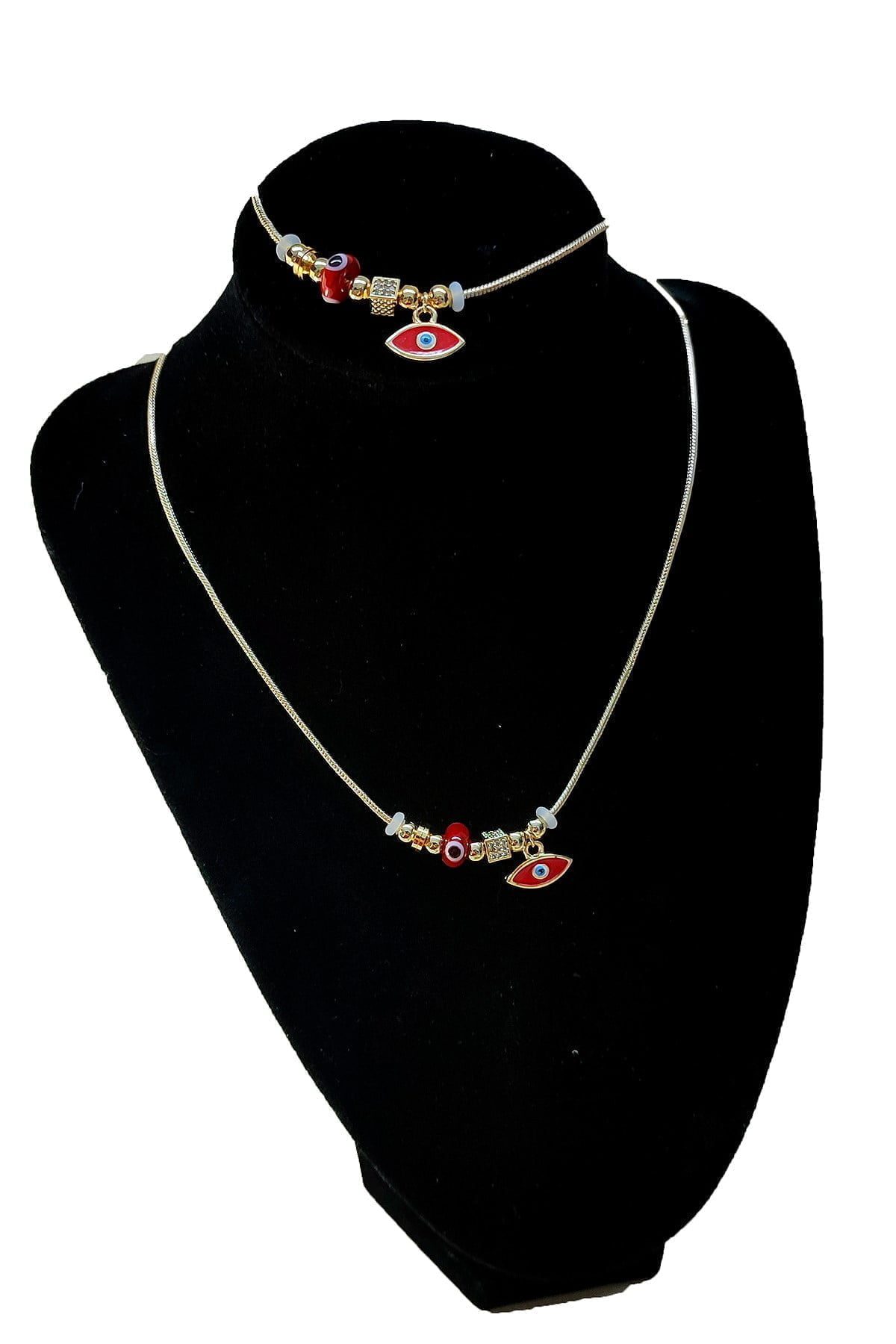 Toptan Altın Renk Kırmızı Mineli Mekik Kolye Ve Bileklik Pandora Kombin Zirkon Set Takım - 2793 3 Toptan Altın Renk Kırmızı Mineli Mekik  Kolye Ve  Bileklik Pandora  Kombin Zirkon Set Takım -  2793