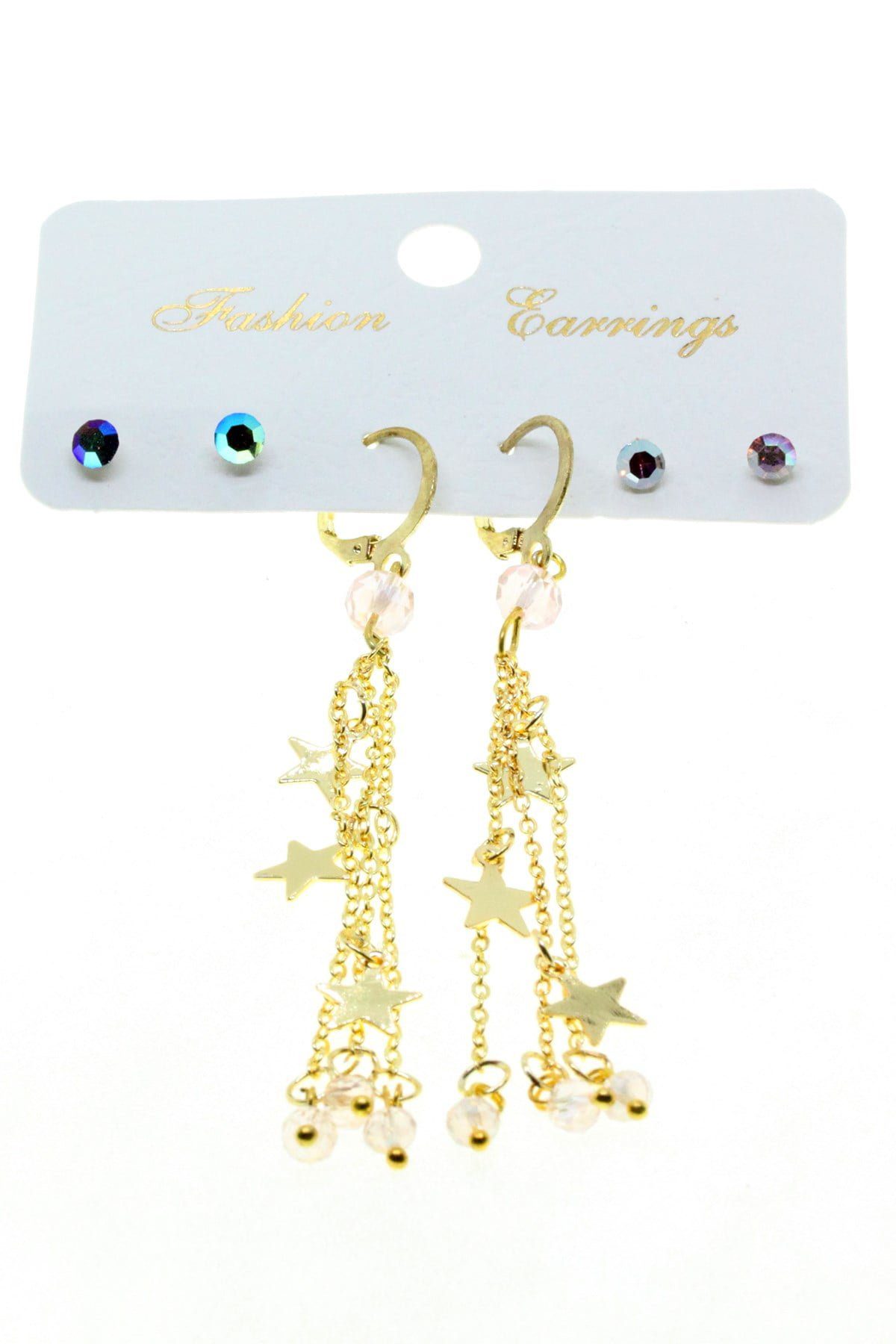 Toptan Altın Renk Yıldız Püsküllü Kombin Şeffaf Boncuk Küpe - 2832 3 Toptan Altın Renk Yıldız Püsküllü Kombin Şeffaf Boncuk Küpe - 2832