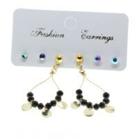 Toptan Altın Renk Yuvarlak Pullu  Kombin Siyah Boncuk Küpe - 2844