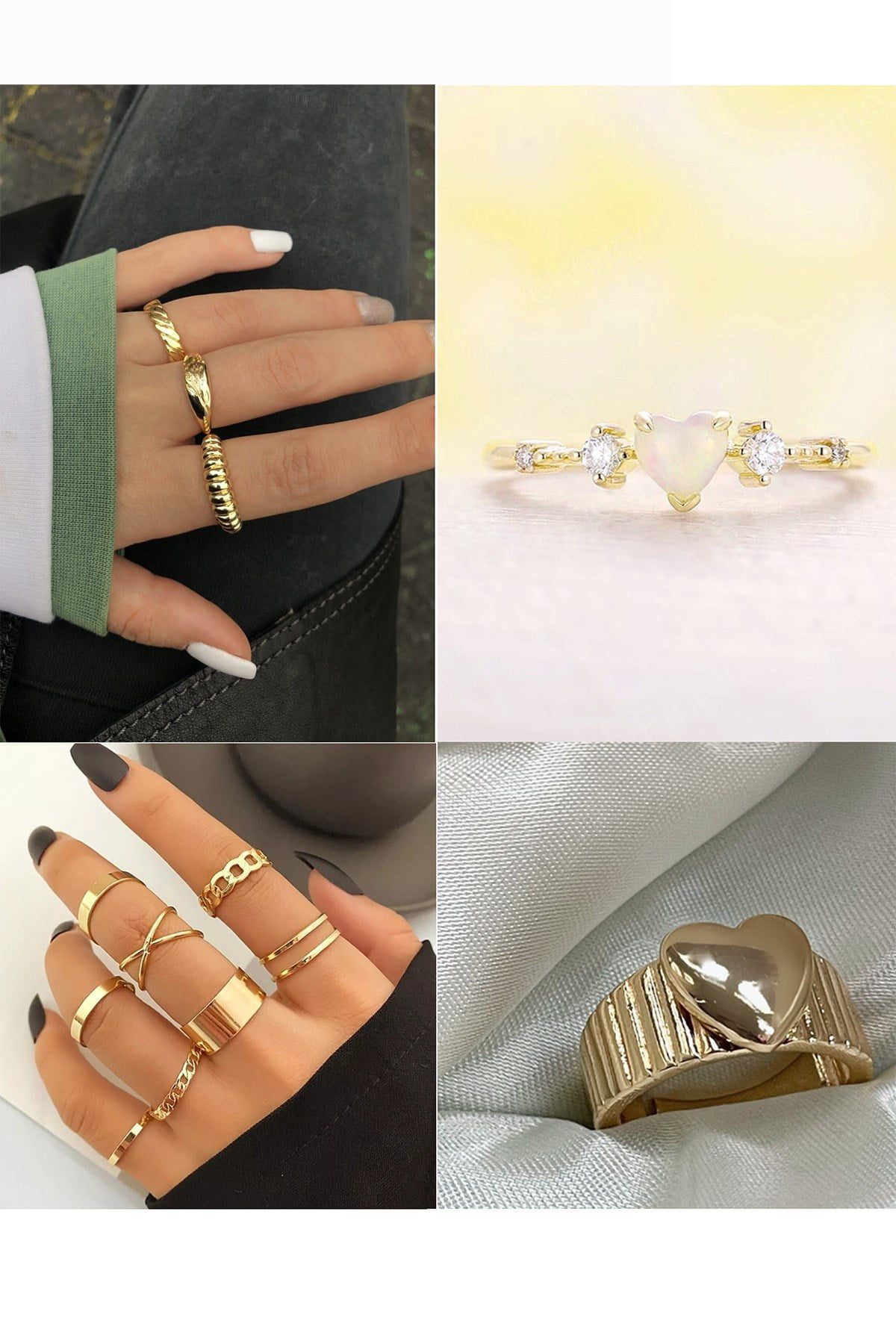 Toptan Altın Renk Zirkon Kalp 3 Lü Yüzük 10 Lu Eklem Ve Çizgili Kalp Kombin Yüzük Seti - 2917 3 Toptan Altın Renk Zirkon Kalp 3 Lü Yüzük 10 Lu Eklem Ve Çizgili Kalp Kombin Yüzük Seti - 2917