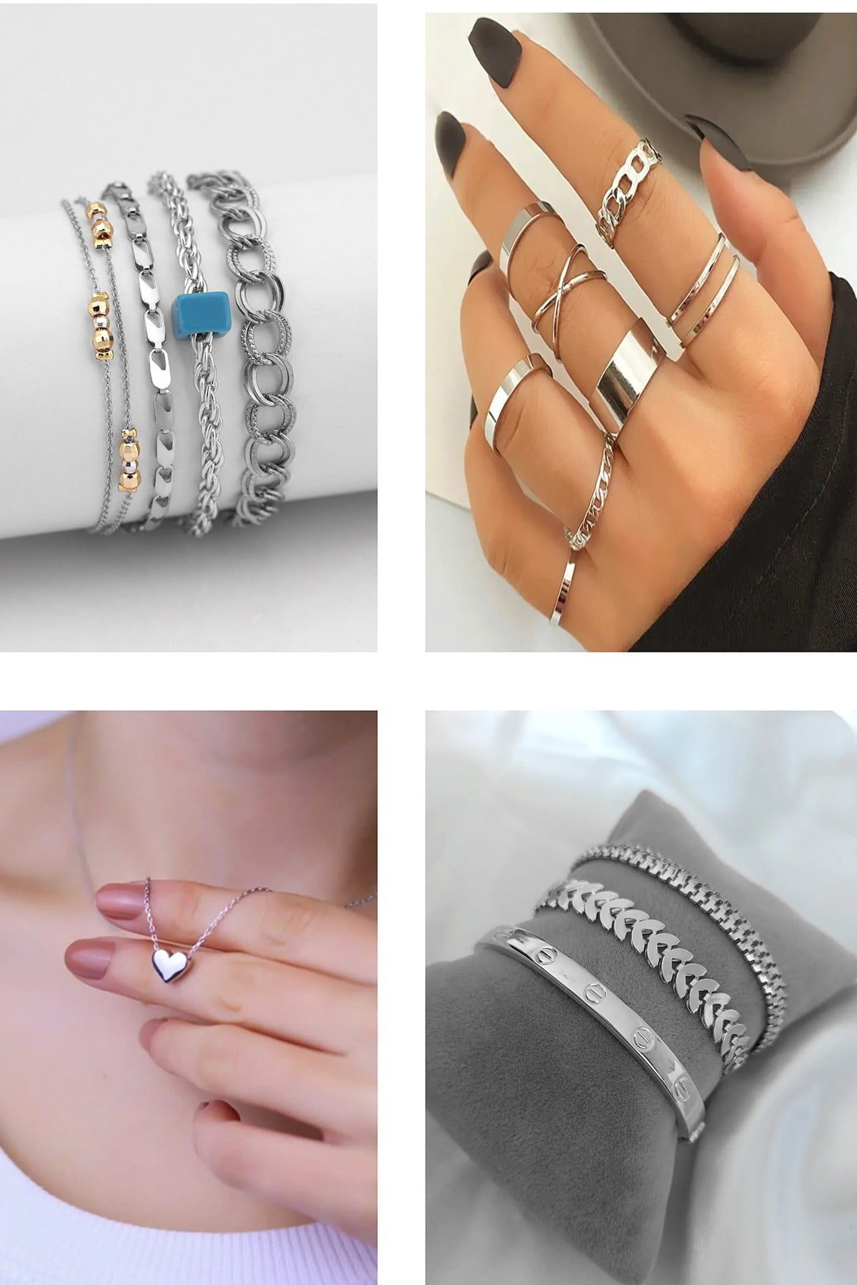 Toptan Gümüş Renk Kombin Dorika Bileklik 10 Lu Yüzük Kalp Sf Kolye Kartier Tırtıl Kılçık Bileklik- 2912 3 Toptan Gümüş Renk Kombin Dorika Bileklik  10 Lu Yüzük Kalp Sf Kolye Kartier Tırtıl Kılçık Bileklik- 2912