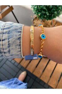 Toptan Altın Renk Taşlı Kartier Ve Nazar Boncuklu Göz Altın Kaplama Kararmaz Kombin Bileklik - 2916