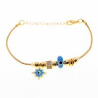 Toptan Altın Renk Turkuaz Mineli Güneş Motif  Zirkon Taşlı Pandora Bileklik - 1802