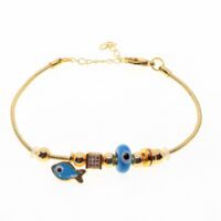 Toptan Altın Renk Turkuaz Mineli Balık Motif  Zirkon Taşlı Pandora Bileklik - 1805