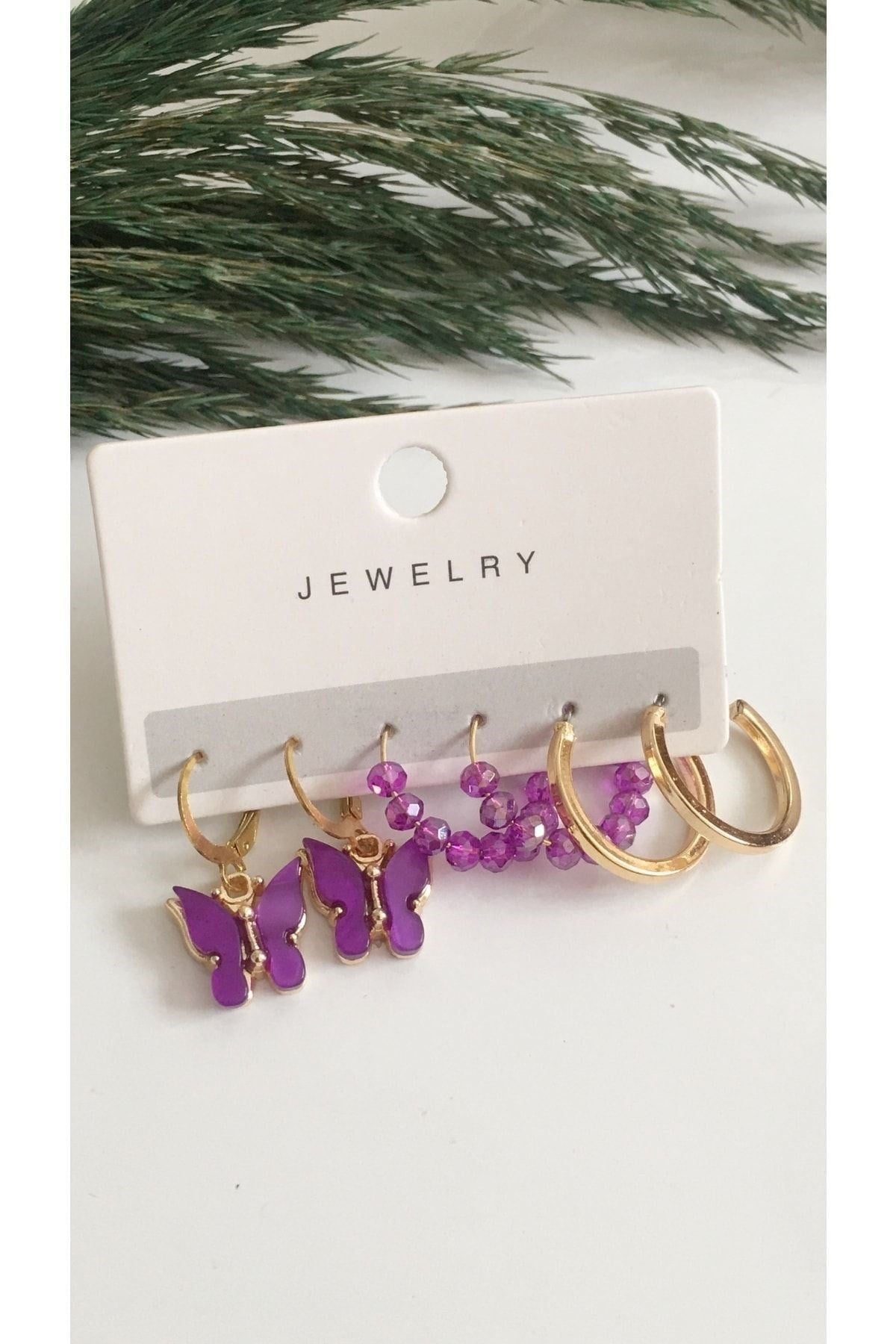 Toptan Altın Renk Kadın 6 'lı Mor Kelebek Zirkon Küpe Seti - 2920 3 Toptan Altın Renk Kadın 6 'lı Mor Kelebek Zirkon Küpe Seti - 2920