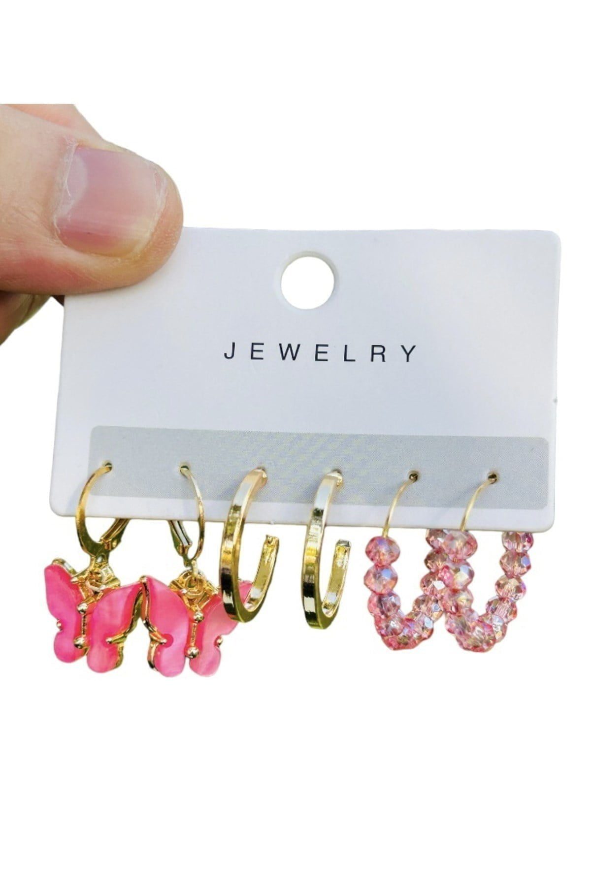 Toptan Altın Renk Kadın 6 'lı Pembe Kelebek Zirkon Küpe Seti - 2921 3 Toptan Altın Renk Kadın 6 'lı Pembe Kelebek Zirkon Küpe Seti - 2921