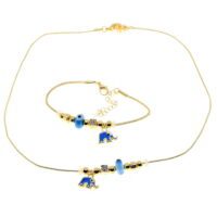 Toptan Altın Renk Turkuaz Mineli Fil Kolye Ve  Bileklik Pandora  Kombin Zirkon Set Takım -  2999