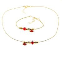 Toptan Altın Renk Kırmızı Mineli Balık Kolye Ve  Bileklik Pandora  Kombin Zirkon Set Takım -  2987