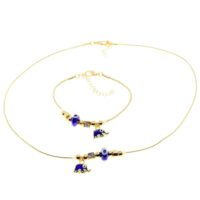 Toptan Altın Renk Mavi Mineli Fil Kolye Ve  Bileklik Pandora  Kombin Zirkon Set Takım -  3001