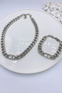 Toptan Gümüş Renk Kombin  Cd Harfli Christian Dior Model Kalın Zincir Kolye Bileklik Set  - 3009