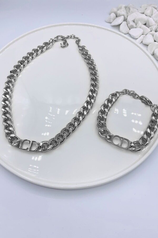 Toptan Gümüş Renk Kombin  Cd Harfli Christian Dior Model Kalın Zincir Kolye Bileklik Set  - 3009