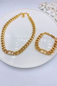 Toptan Altın Renk Kombin  Cd Harfli Christian Dior Model Kalın Zincir Kolye Bileklik Set  - 3008
