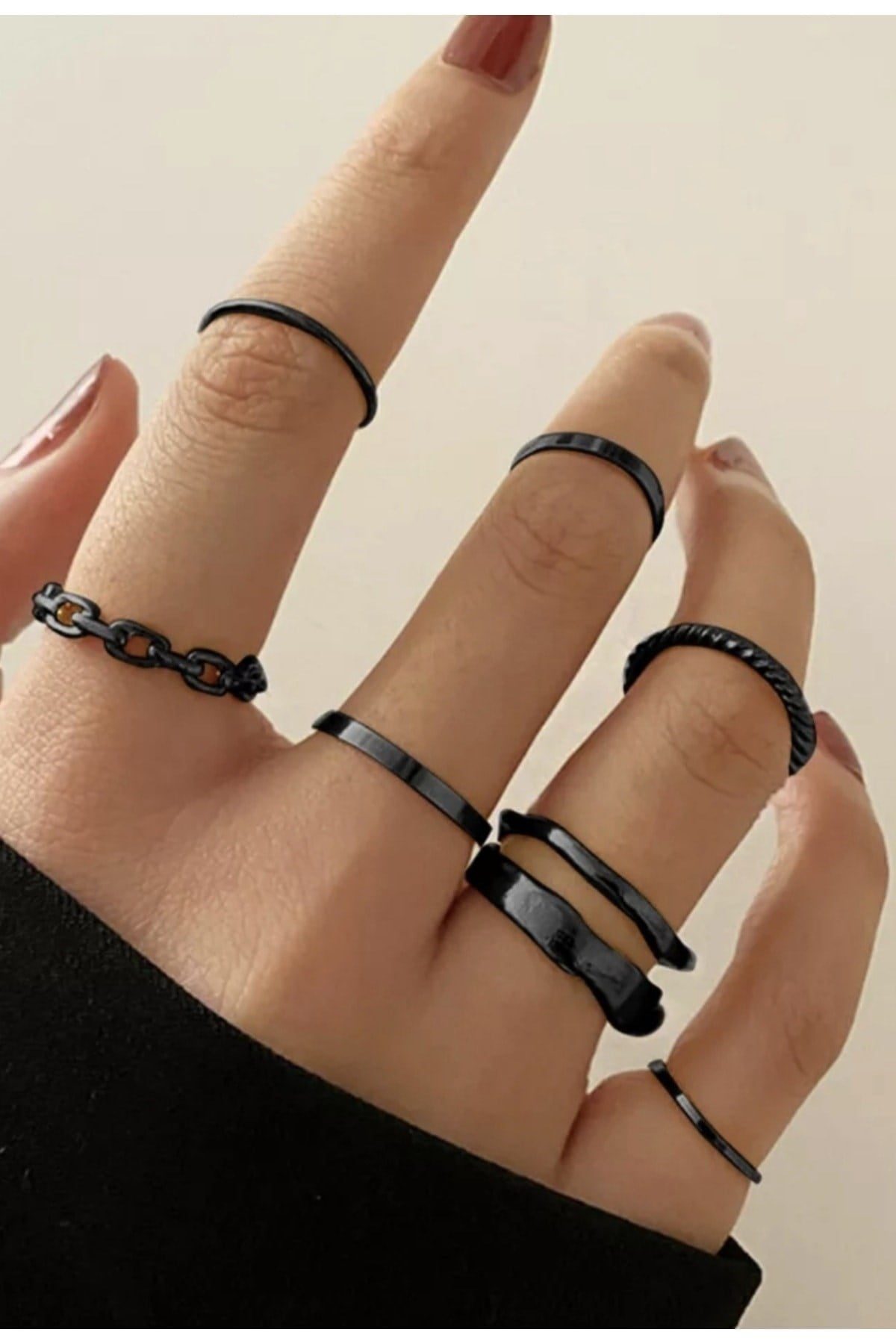 Toptan Kadın 10'lu Siyah Kombin Eklem Yüzük Seti - 2898 3 Toptan Kadın 10'lu Siyah Kombin Eklem Yüzük Seti - 2898