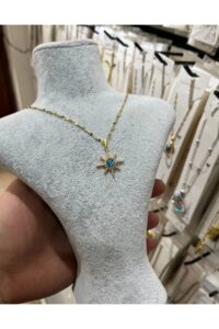 Toptan Altın Renk Singapur Zincir Mavi Zirkon Kutup Yıldızı Gezegen Vip Solmaz Kararmaz Çelik Kolye - 3056