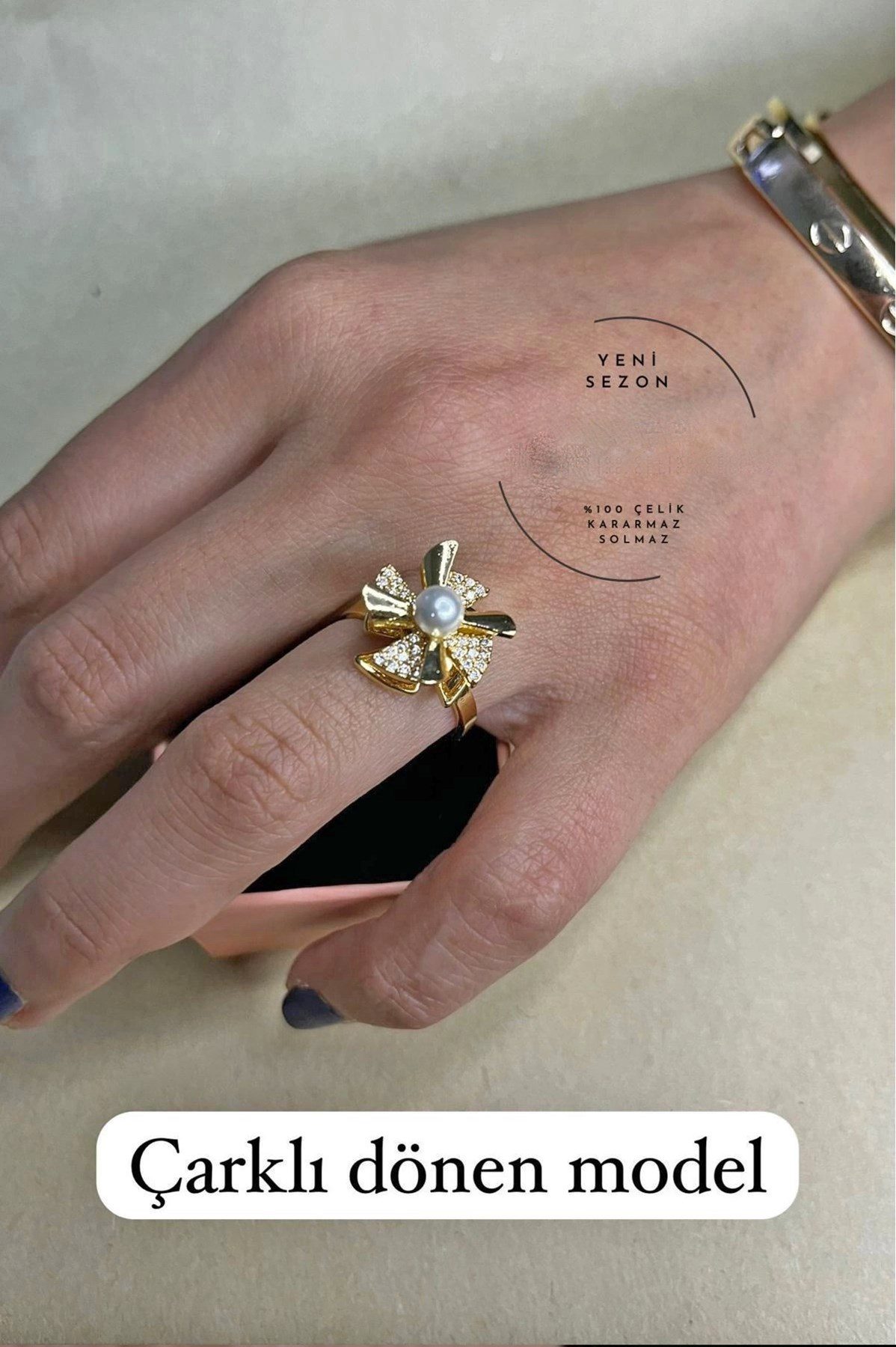 Toptan Altın Renk İnci Ve Kanat Model Zirkon Taşlı Çelik Ayarlanabilir Ucu Dönen Stres Çelik Yüzük - 3107 4 Toptan Altın Renk İnci Ve Kanat Model Zirkon Taşlı Çelik Ayarlanabilir Ucu Dönen Stres Çelik Yüzük - 3107 - Görsel 2