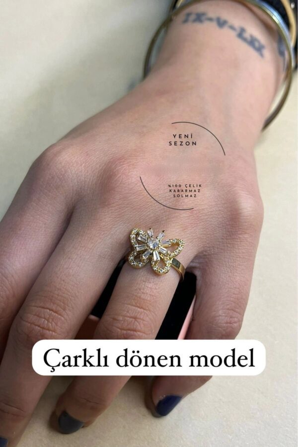 Toptan Altın Renk Kelebek Baget Model Zirkon Taşlı Ayarlanabilir Ucu Dönen Çelik Yüzük - 3089 - Görsel 2