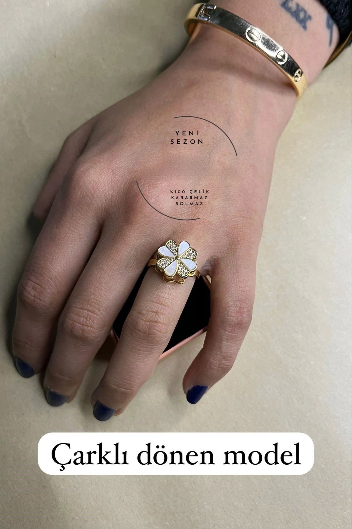 Toptan Altın Renk Sedefli Yonca Zirkon Ayarlanabilir Ucu Dönen Stres Vip Solmaz Kararmaz Çelik Yüzük - 3071 3 Toptan Altın Renk Sedefli Yonca Zirkon Ayarlanabilir Ucu Dönen Stres Vip Solmaz Kararmaz Çelik Yüzük - 3071