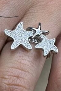 Toptan Gümüş Renk Üç Yıldız Model Zirkon Taşlı Ayarlanabilir vip Çelik Yüzük - 3082