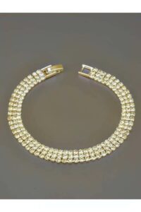 Toptan Altın Renk Kadın Abiye Üç Sıra Su Yolu Model Zirkon Bileklik - 3123