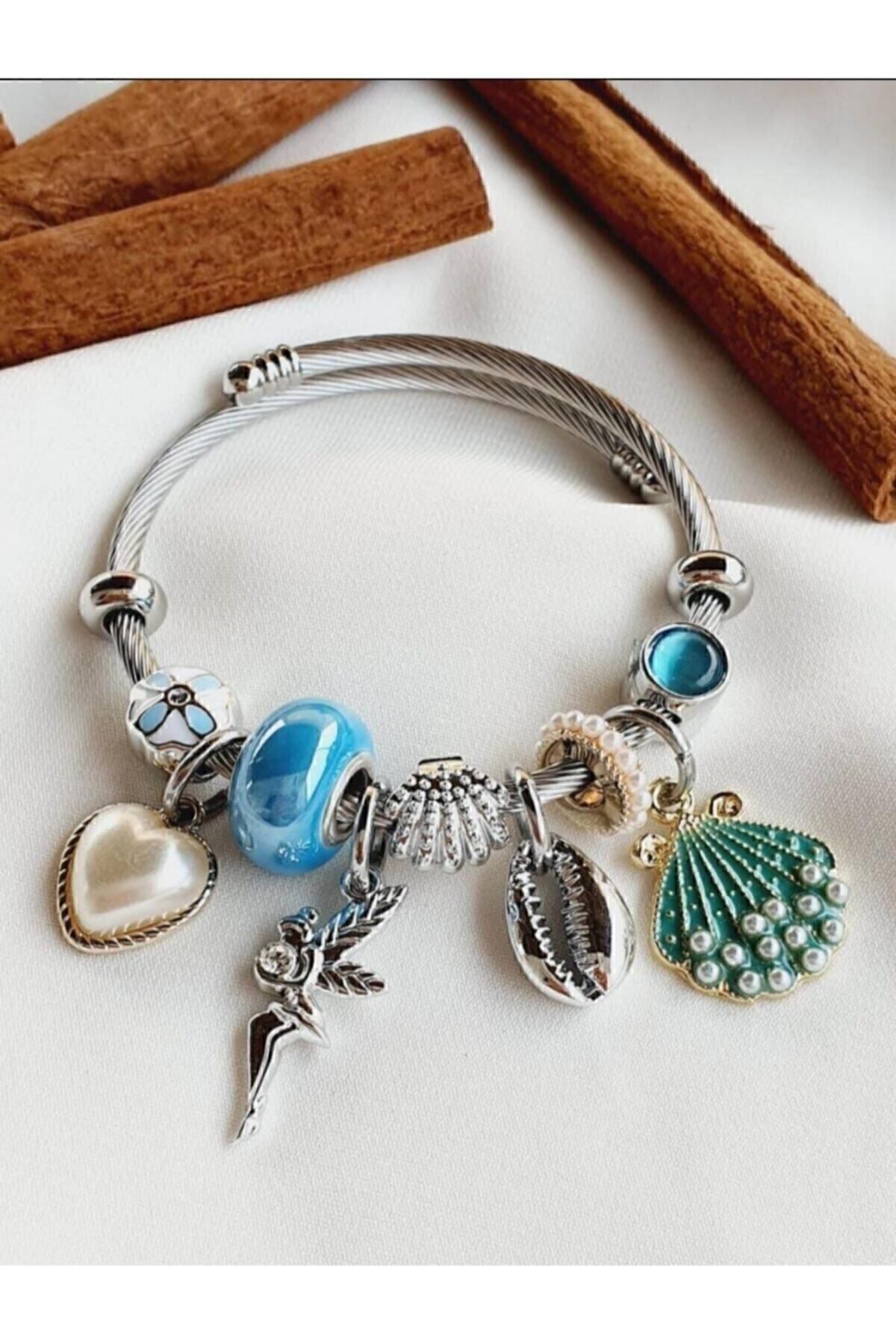 Toptan Gümüş Renk Mavi Deniz Kabuğu Charmlı Pandora Çelik Bileklik - 3184 4 Toptan Gümüş Renk Mavi Deniz Kabuğu Charmlı Pandora Çelik Bileklik -  3184 - Görsel 2