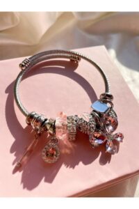 Alternative view of Toptan Gümüş Renk Kristal Pembe Kelebek Charmlı Pandora Çelik Bileklik -  3190