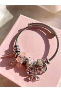 Toptan Gümüş Renk Kristal Pembe Kelebek Charmlı Pandora Çelik Bileklik -  3190