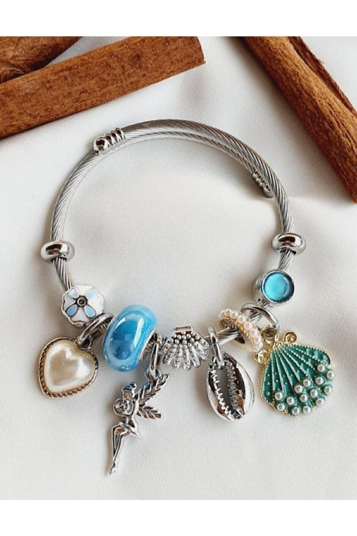 Toptan Gümüş Renk Mavi Deniz Kabuğu Charmlı Pandora Çelik Bileklik - 3184 3 Toptan Gümüş Renk Mavi Deniz Kabuğu Charmlı Pandora Çelik Bileklik -  3184