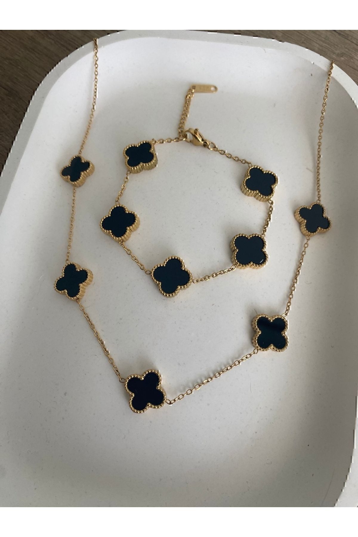Toptan Altın Renk Siyah Sedef Van Cleef Kolye Bileklik Set (çift Yönlüdür) - 3165 3 Toptan Altın Renk Siyah Sedef Van Cleef Kolye Bileklik Set (çift Yönlüdür) - 3165