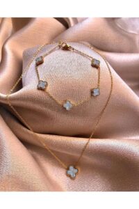 Toptan Altın Renk Beyaz Sedef Van Cleef Kolye Bileklik Set - 3215