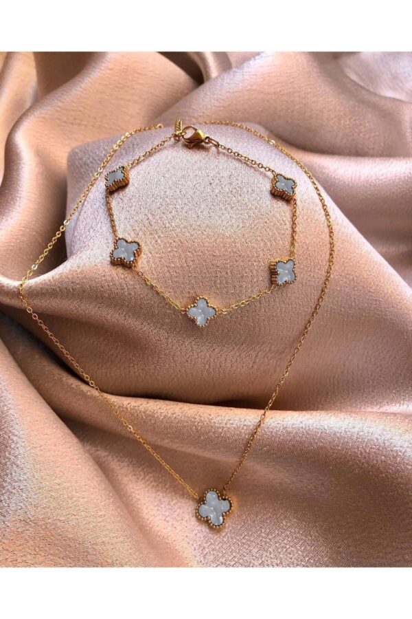 Toptan Altın Renk Beyaz Sedef Van Cleef Kolye Bileklik Set - 3215