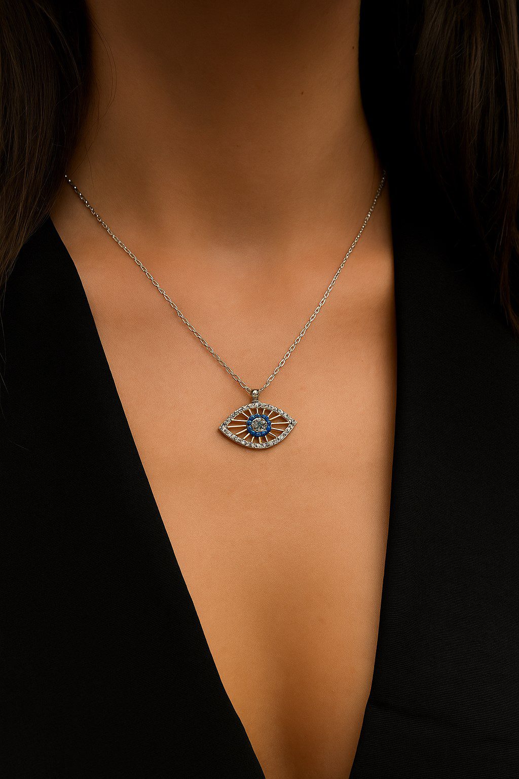 Toptan Gümüş Renk Nazar Göz Zirkon Taşlı Göz Model Zirkon Kolye - 1780 3 Toptan Gümüş Renk Nazar Göz Zirkon Taşlı Göz Model Zirkon Kolye - 1780