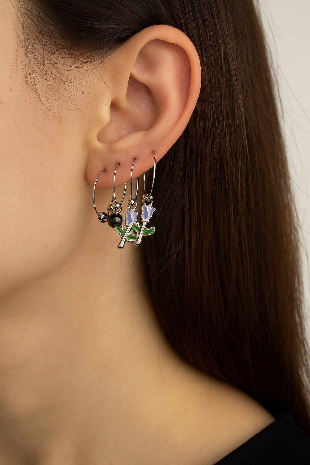 Toptan Gümüş Renk Mor Yeşil Mineli Gül Kombin Küpe - 1958 3 Toptan Gümüş Renk Mor Yeşil Mineli Gül Kombin Küpe - 1958