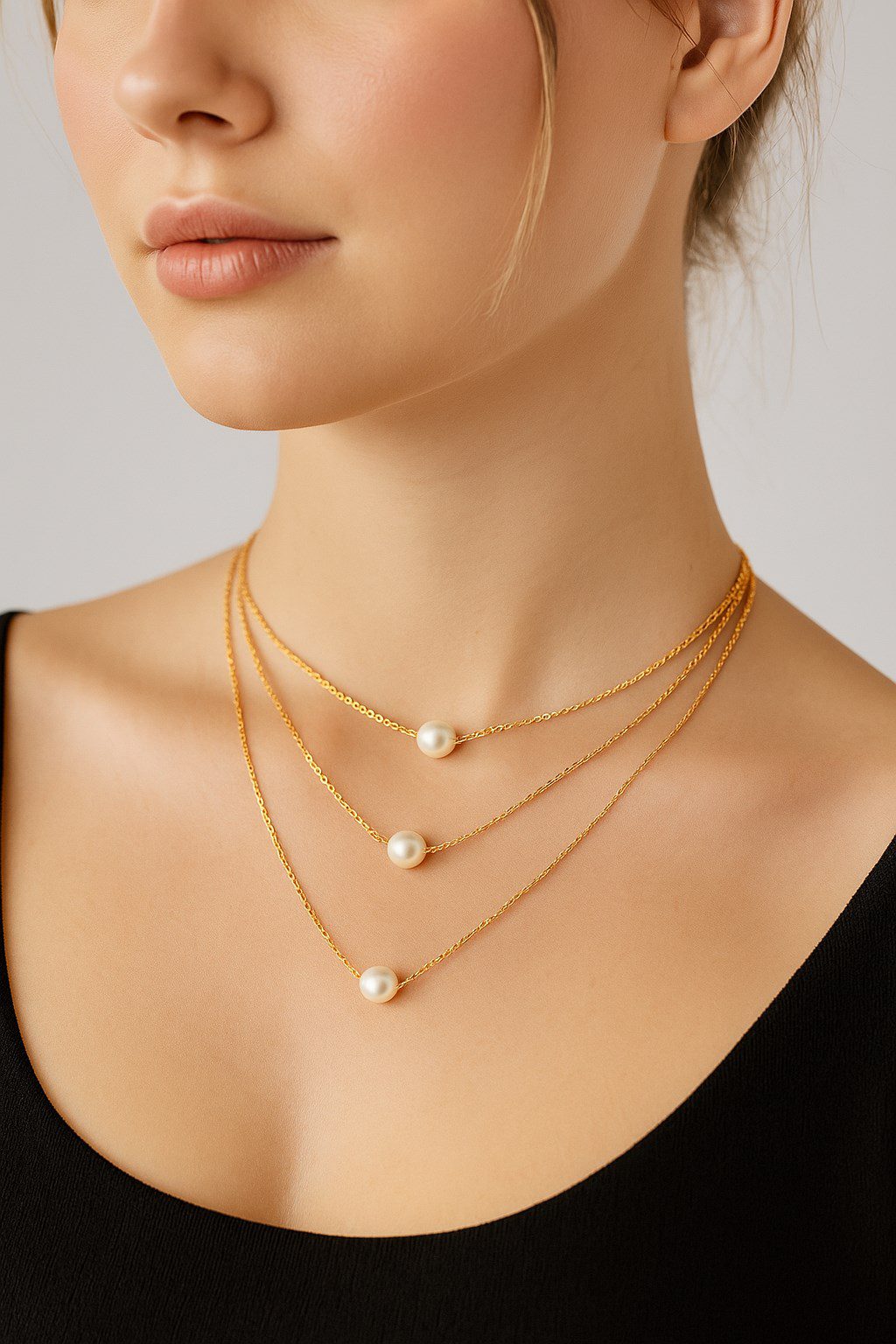 Toptan Altın Renk Üç Katmanlı Üç İncili Kolye - 2126 3 Toptan Altın Renk Üç Katmanlı Üç İncili Kolye - 2126