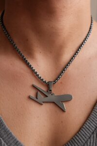 Alternative view of Toptan Gümüş Renk Uçak Model Unisex Arnavut Zincir Çelik Kolye - 3314