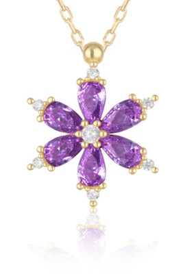 Toptan Altın Renk Mor Damla Taşlı Lotus Kamelya Çiçeği Çelik Kolye - 3418