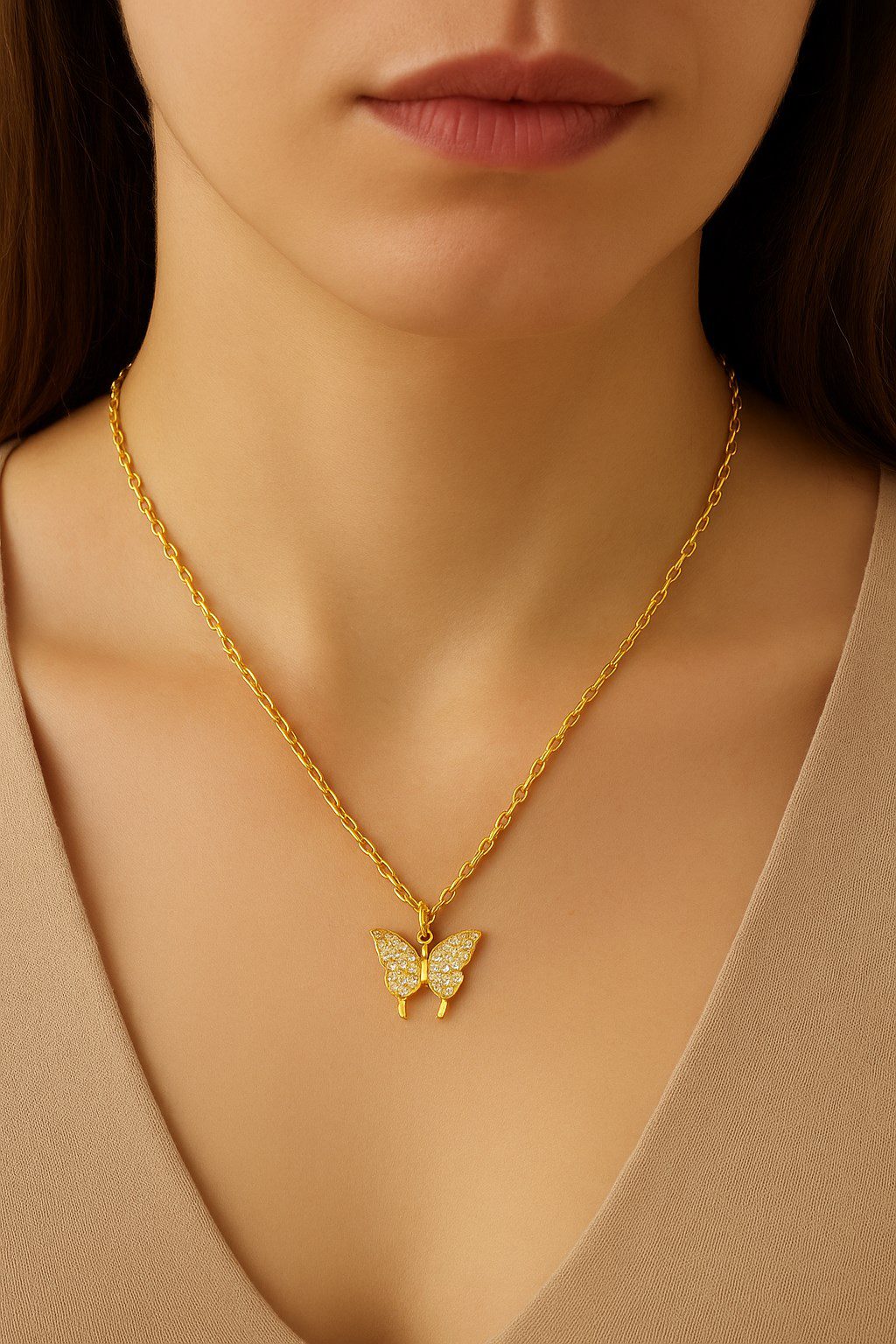 Toptan Altın Renk Kelebek Sf Zincir Çelik Kolye - 3665 3 Toptan Altın Renk Kelebek Sf Zincir Çelik Kolye - 3665