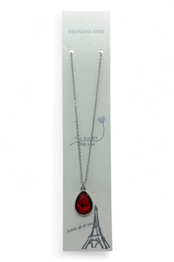 Toptan Gümüş Renk Bordo Damla Model Sf Zincir Çelik Kolye-  3807 - Görsel 3