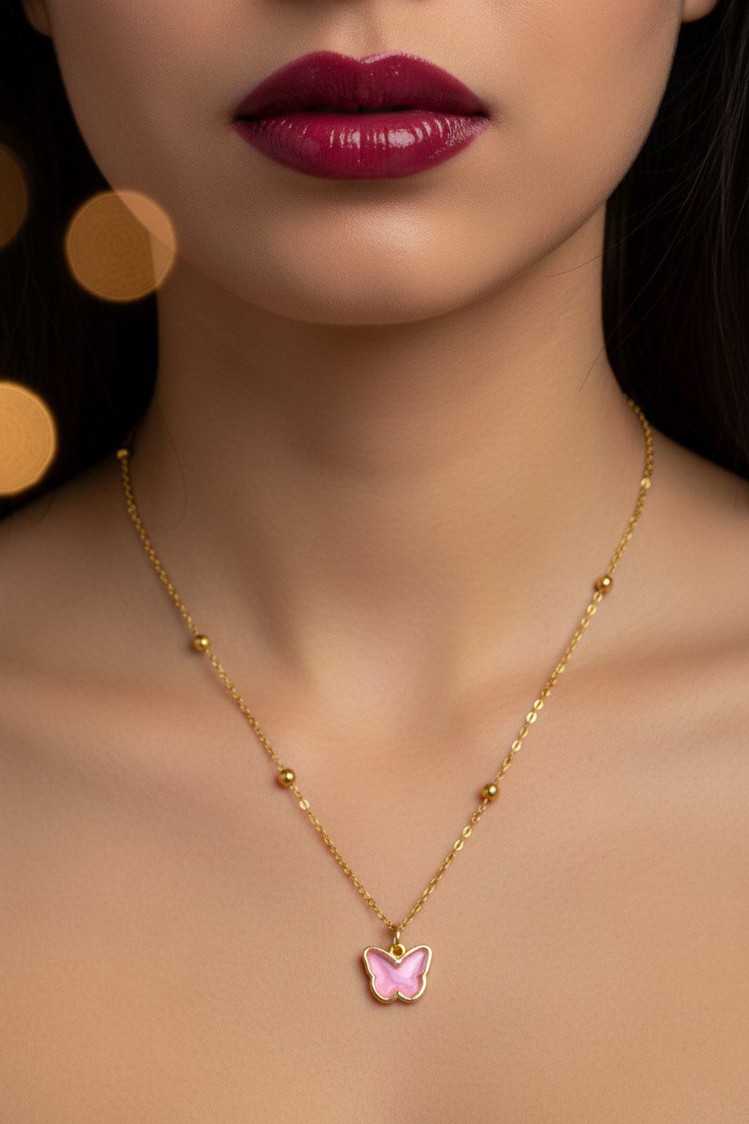 Toptan Altın Renk Pembe Taş Kelebek Model Top Zincir Çelik Kolye - 3755 3 Toptan Altın Renk Pembe Taş Kelebek Model Top Zincir Çelik Kolye - 3755