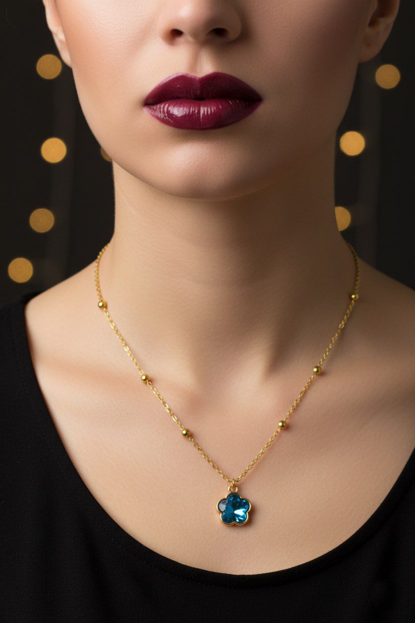 Toptan Altın Renk Mavi Beş Yapraklı Stilize Çiçek Model Top Zincir Çelik Kolye - 3749 3 Toptan Altın Renk Mavi Beş Yapraklı Stilize Çiçek Model  Top Zincir Çelik Kolye - 3749