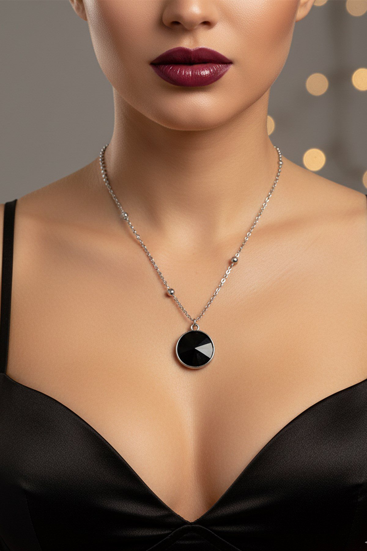 Toptan Gümüş Renk Siyah Taş Yuvarlak Model Top Zincir Çelik Kolye - 3787 5 Toptan Gümüş Renk Siyah Taş Yuvarlak Model Top Zincir Çelik Kolye - 3787 - Görsel 3