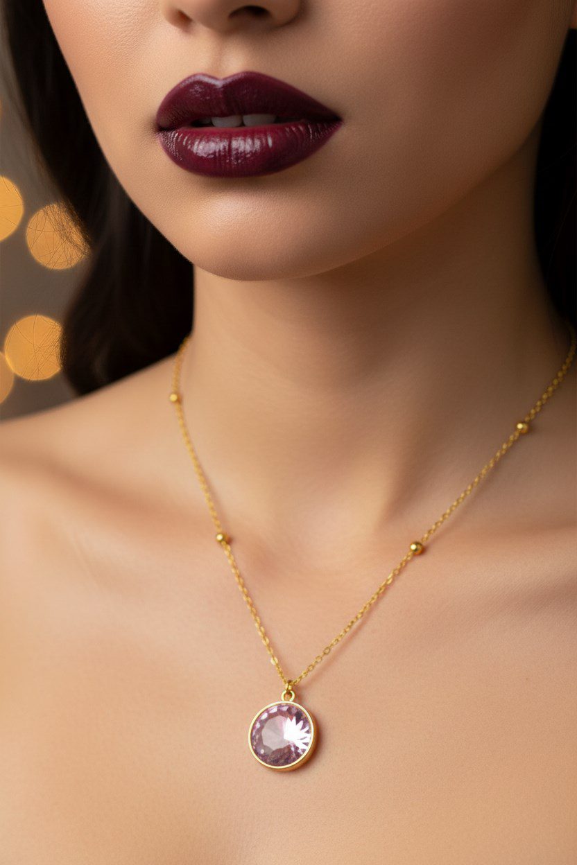 Toptan Altın Renk Pembe Taş Yuvarlak Model Top Zincir Çelik Kolye - 3756 3 Toptan Altın Renk Pembe Taş Yuvarlak Model Top Zincir Çelik Kolye - 3756