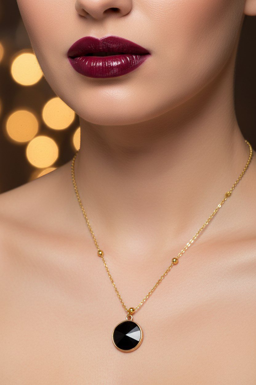 Toptan Altın Renk Siyah Taş Yuvarlak Model Top Zincir Çelik Kolye - 3757 3 Toptan Altın Renk Siyah Taş Yuvarlak Model Top Zincir Çelik Kolye - 3757