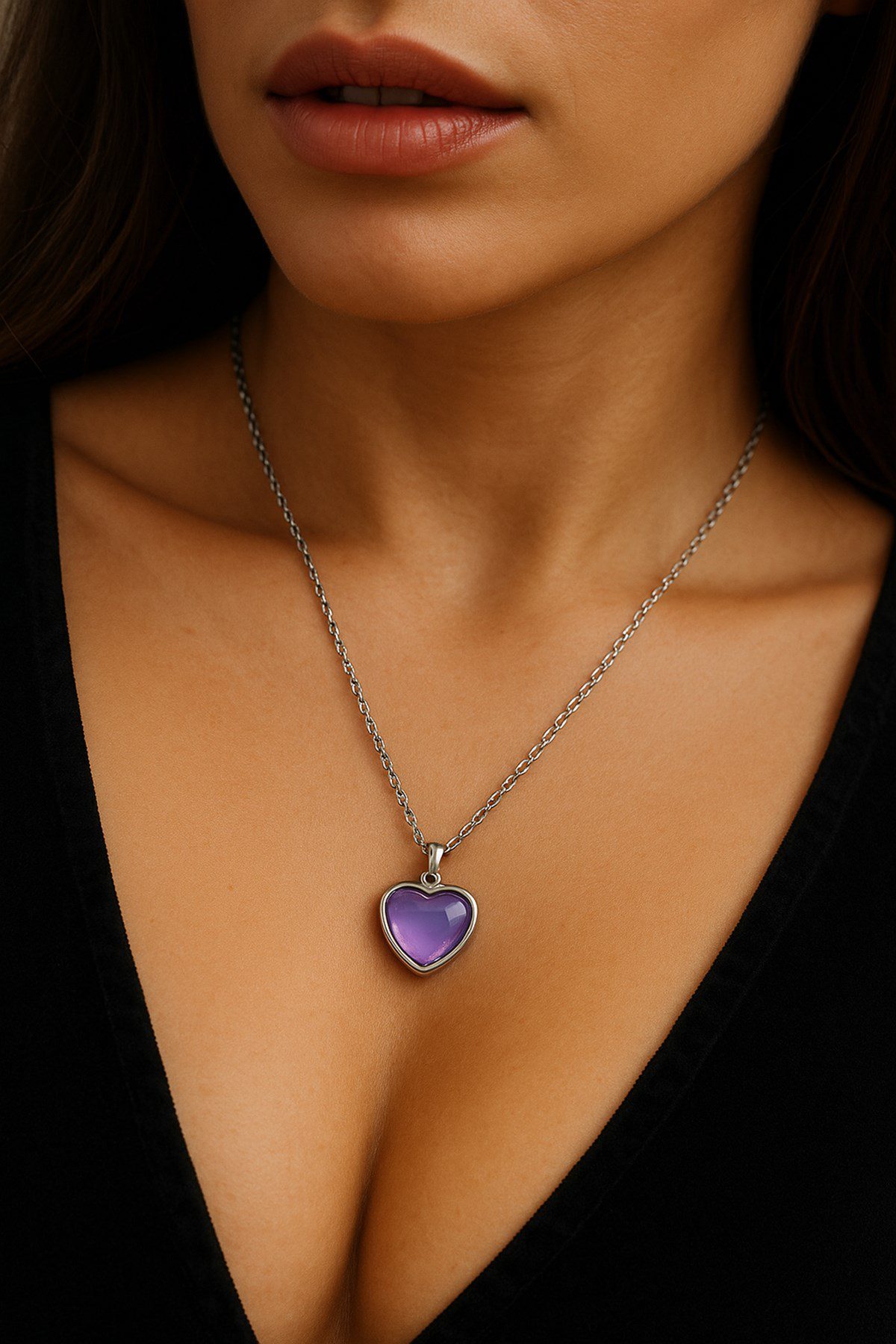 Toptan Gümüş Renk Morumsu Kalp Model Sf Zincir Çelik Kolye - 3798 4 Toptan Gümüş Renk Morumsu Kalp Model Sf Zincir Çelik Kolye - 3798 - Görsel 2