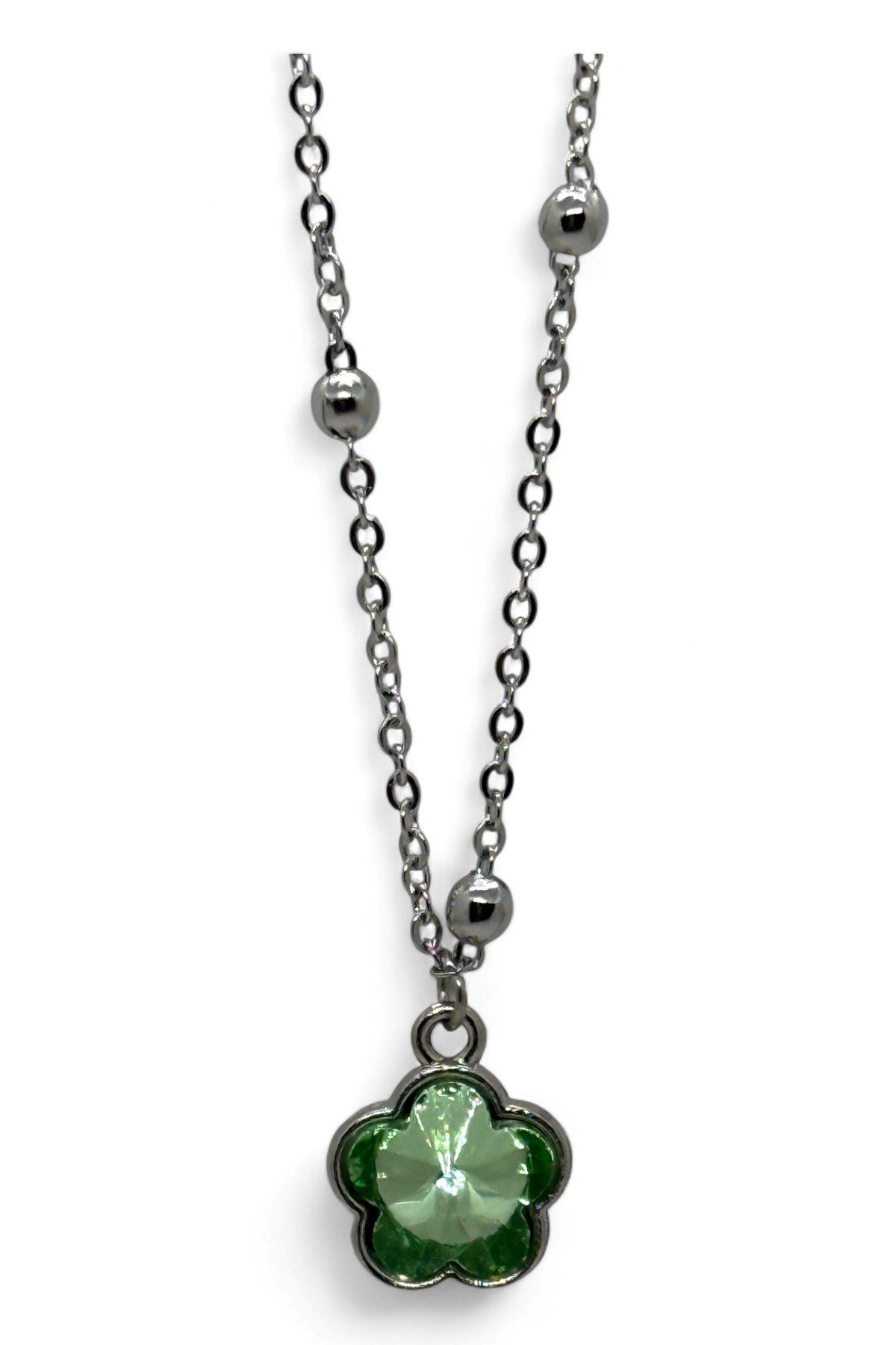 Toptan Gümüş Renk Yeşil Taş Beş Yapraklı Stilize Çiçek Model Top Zincir Çelik Kolye - 3788 4 Toptan Gümüş Renk Yeşil Taş Beş Yapraklı Stilize Çiçek Model Top Zincir Çelik Kolye - 3788 - Görsel 2
