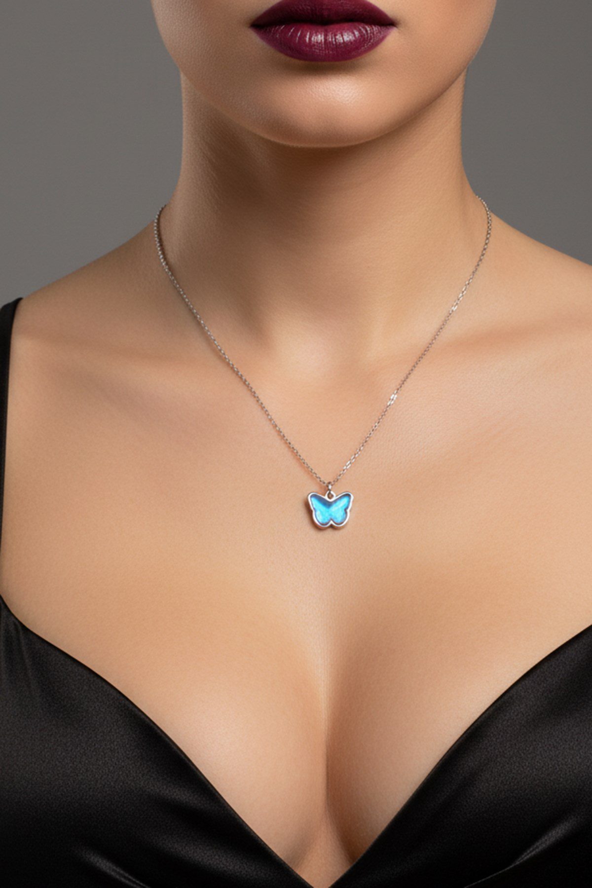 Toptan Gümüş Renk Turkuaz Taş Kelebek Model Sf Zincir Çelik Kolye - 3769 3 Toptan Gümüş Renk Turkuaz Taş Kelebek Model Sf Zincir Çelik Kolye - 3769