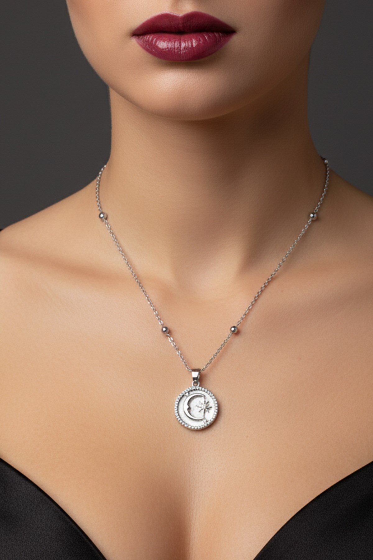 Toptan Gümüş Renk Beyaz Mineli Ay Yıldız Model Top Zincir Çelik Kolye - 3775 3 Toptan Gümüş Renk Beyaz Mineli Ay Yıldız Model Top Zincir Çelik Kolye - 3775