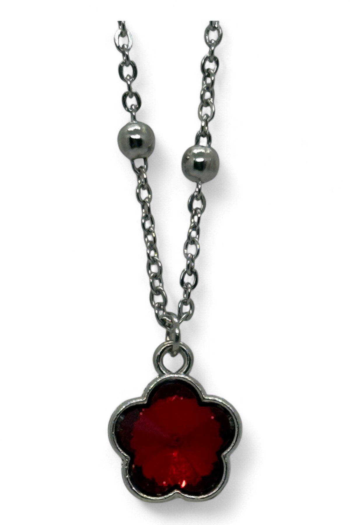 Toptan Gümüş Renk Kırmızı Taş Beş Yapraklı Stilize Çiçek Model Top Zincir Çelik Kolye - 3792 4 Toptan Gümüş Renk Kırmızı Taş Beş Yapraklı Stilize Çiçek Model Top Zincir Çelik Kolye - 3792 - Görsel 2