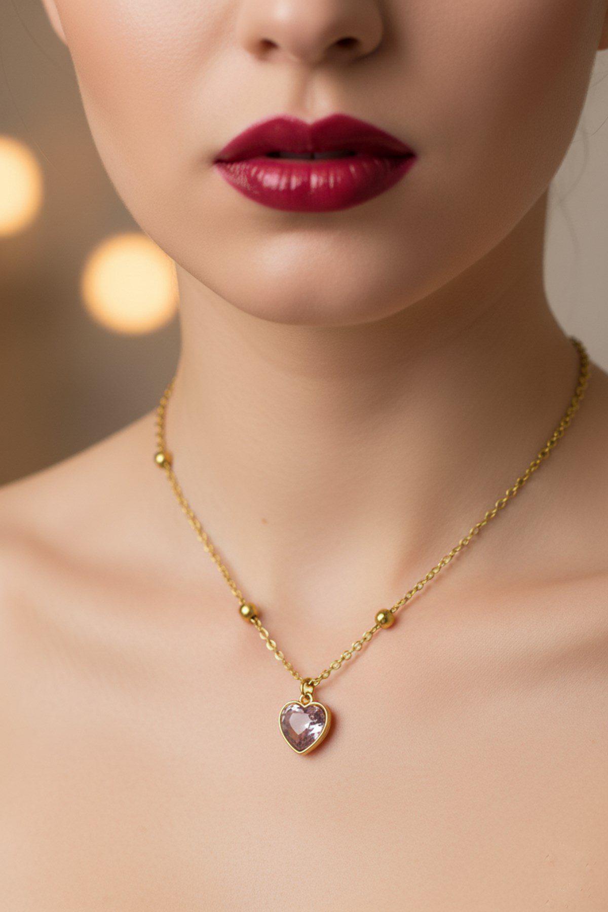 Toptan Altın Renk Pembe Kalp Model Top Zincir Çelik Kolye- 3737 3 Toptan Altın Renk Pembe Kalp Model Top Zincir Çelik Kolye- 3737