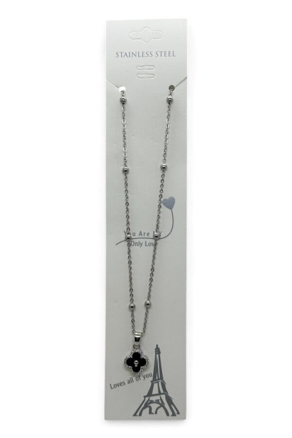 Toptan Gümüş Renk Van Cleef  Yonca Siyah Taşlı Model Top Zincir Çelik Kolye -  3802 - Görsel 3