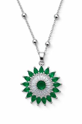 Toptan gümüş Renk Yeşil Taş Güneş Model Top Zincir Çelik Kolye- 3861